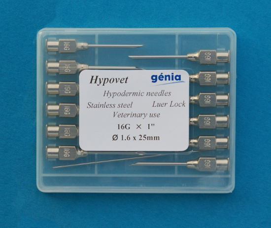 Needle Genia Hypovet tri-bevelled re-useable stainless steel needles 16g x 1/2″